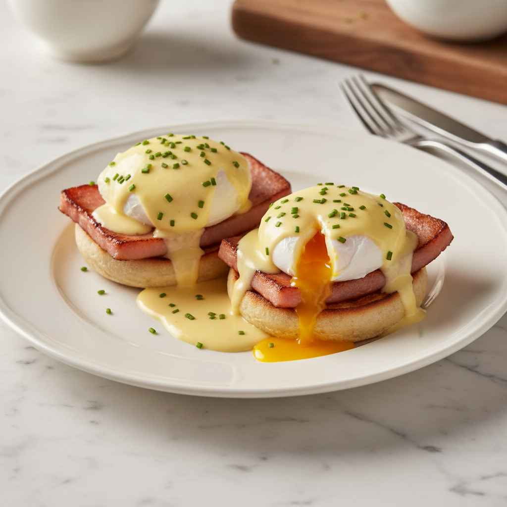 Eggs Benedict — English muffin, ham, hollandaise