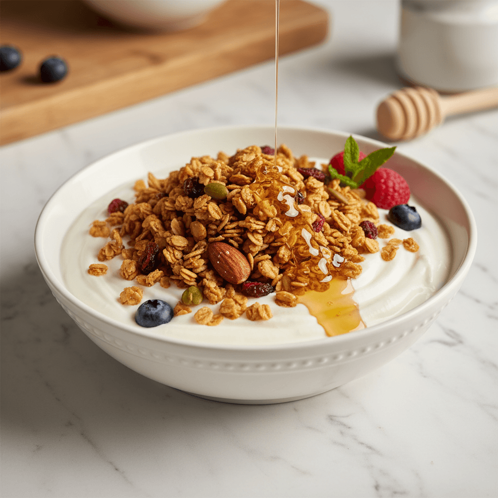 Granola Yogurt Bowl — House granola, Greek yogurt, honey