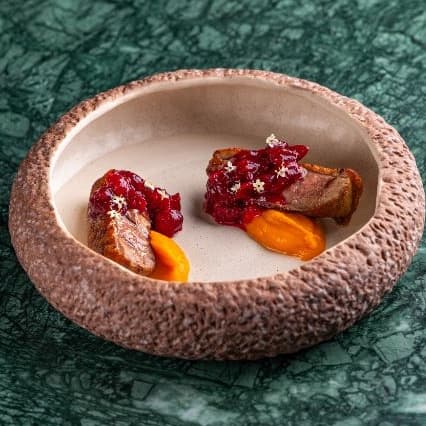 Duck — Tender duck breast served with silky pumpkin puree and rich cranberry compote. The perfect balance o