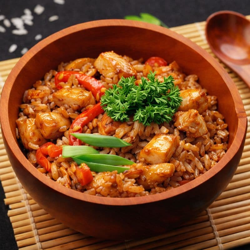 Wok Chicken Rice — Stir-fried rice with tender chicken and aromatic sauce