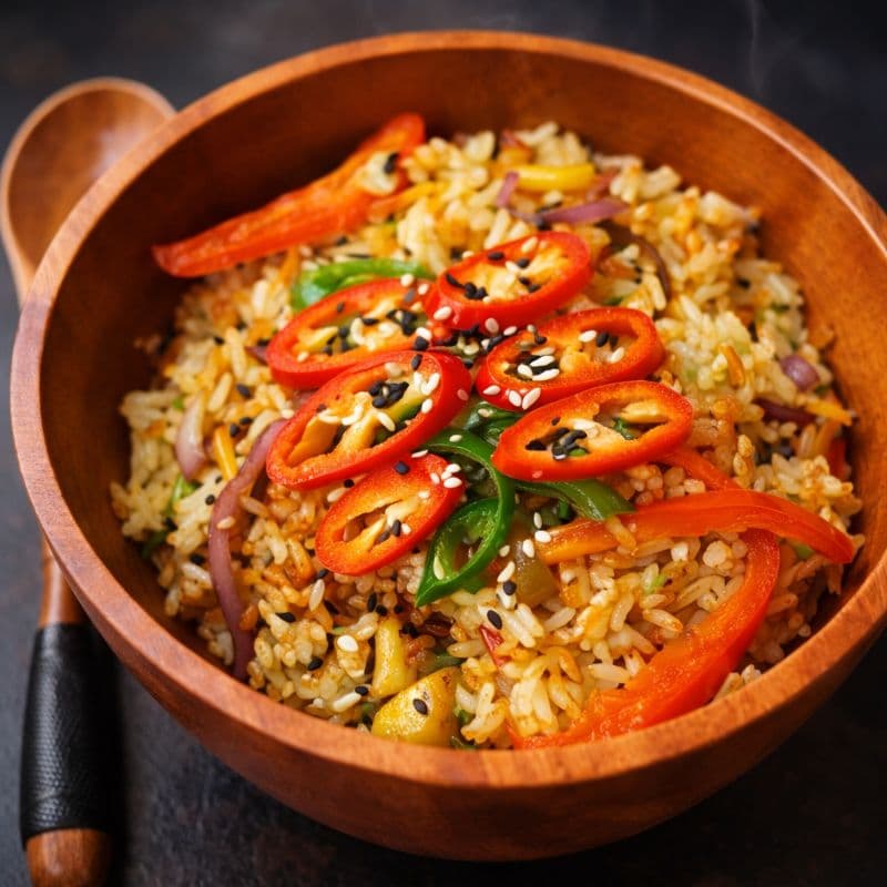Wok Vegan Rice — Stir-fried rice with seasonal vegetables in a light sauce for a healthy meal
