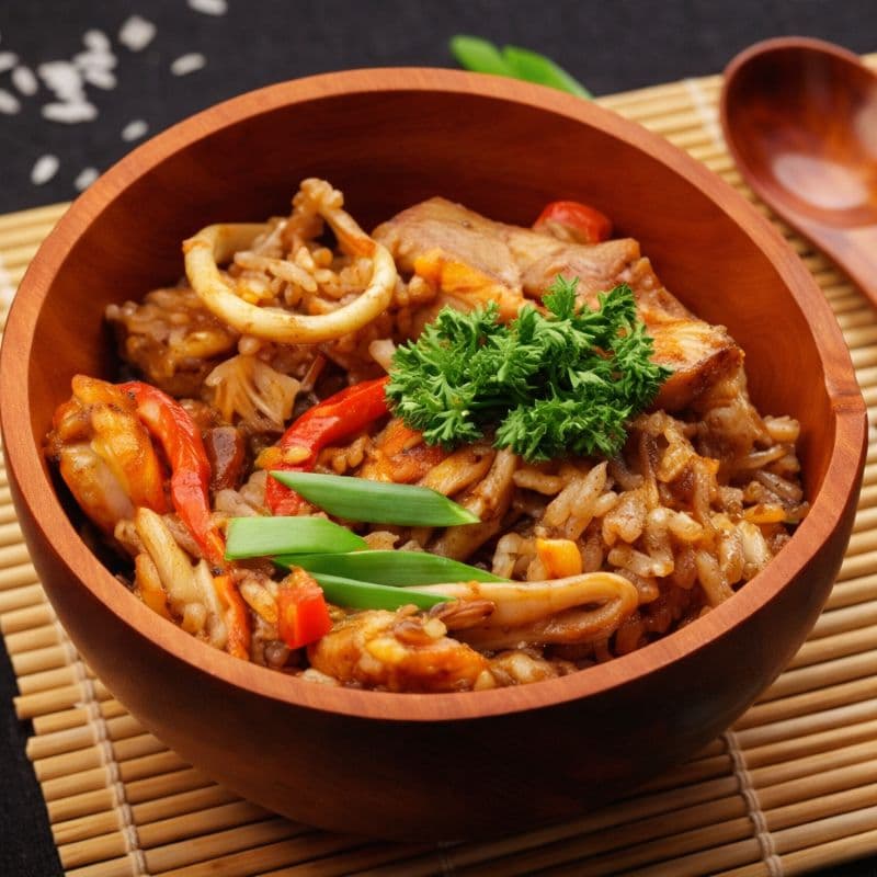 Wok Seafood Rice — Stir-fried rice with seafood and vegetables in spicy sauce