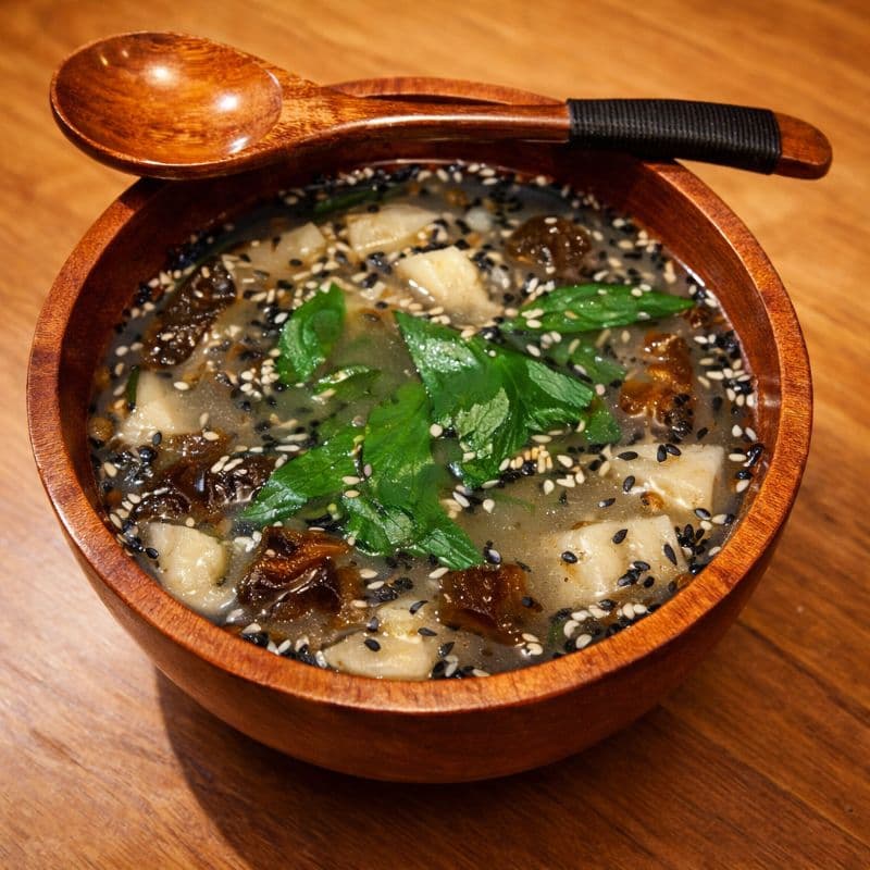 Miso Soup — A classic Japanese miso soup with seaweed and soft tofu, brimming savory umami flavors
