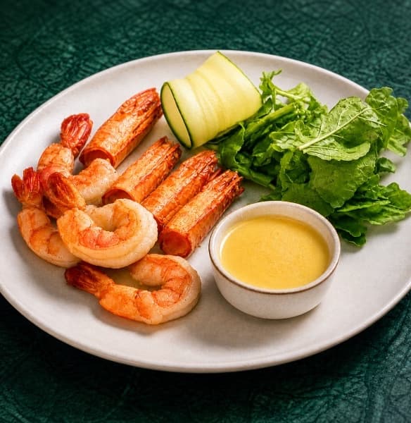 Tiger Prawn — Fresh grilled tiger prawns served with light greens and sauce. Sweet, smoky, and full of ocean flavo