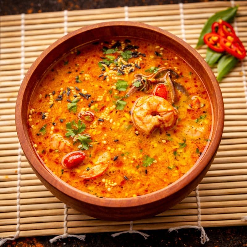Tom Yum — A flavorful Thai soup with shrimps, mushrooms, and coconut milk, striking the perfect balance betwee