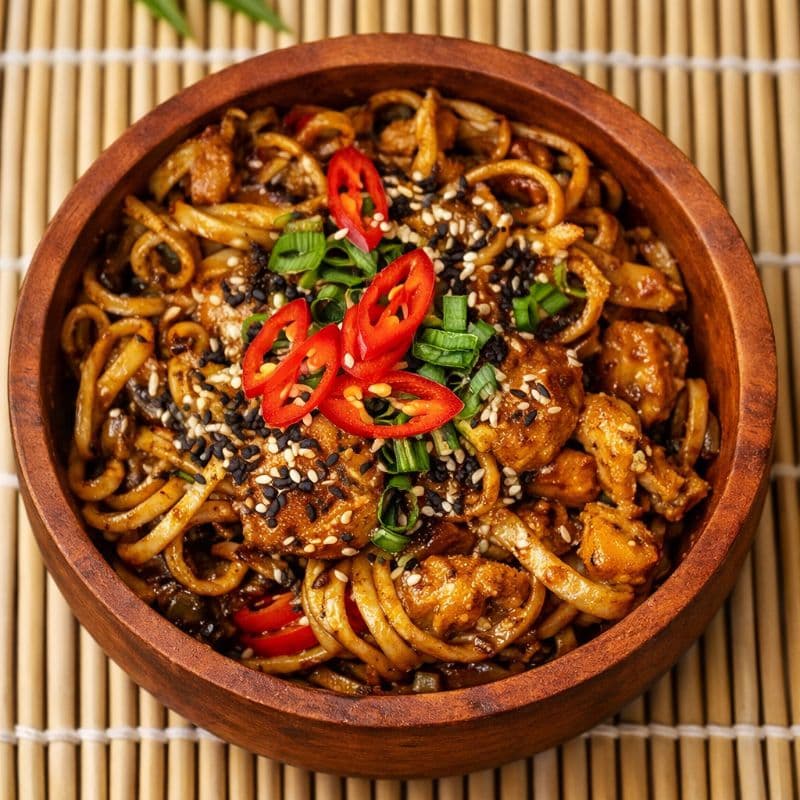 Udon/Soba Chicken — Hearty noodles with tender chicken and aromatic sauce