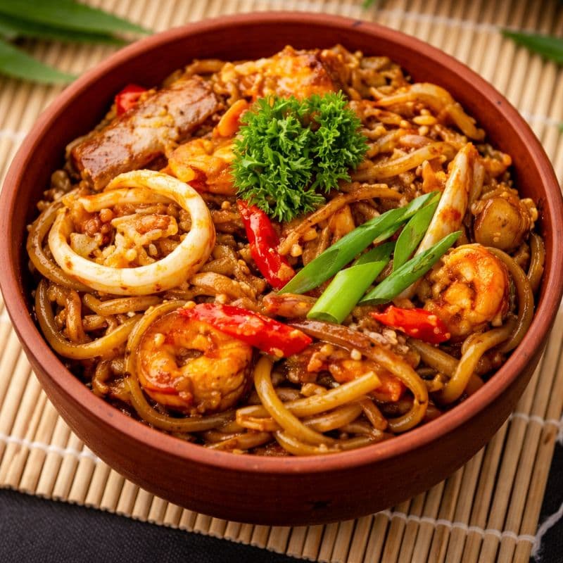 Udon/Soba Tom Yum — Stir-fried noodles with shrimps, mushroom, and a rich Tom Yum sauce blended with creamy coconut milk
