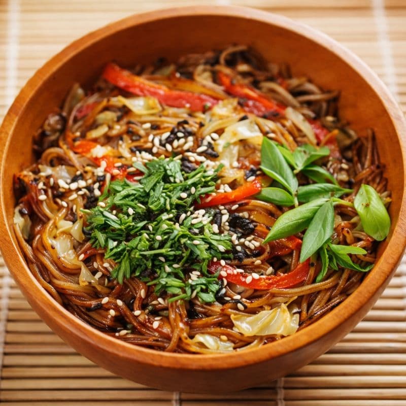 Udon/Soba Vegan — Noodles with seasonal vegetables in a light sauce for a healthy meal