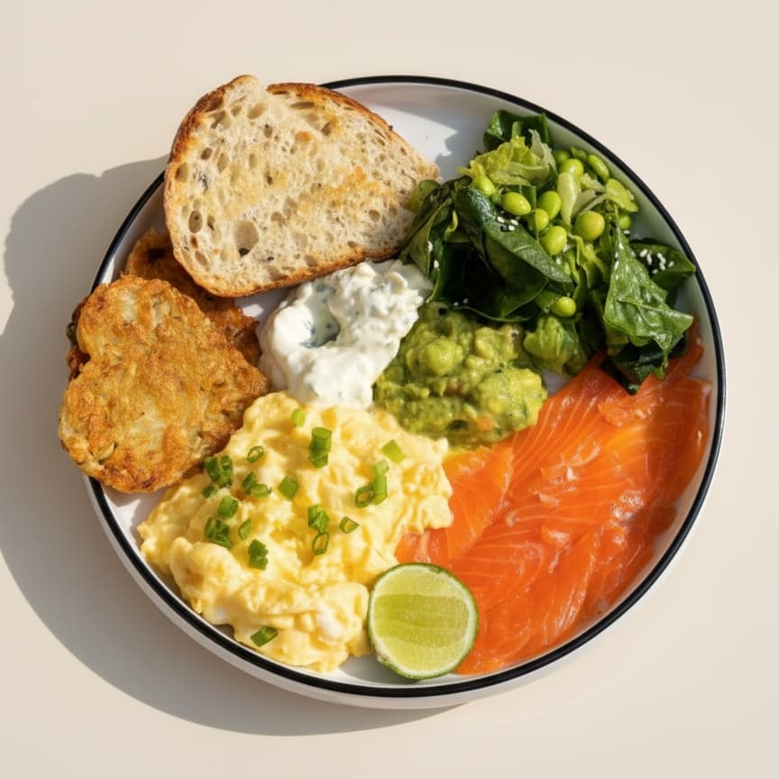 Big atlantic breakfast — Salmon, sourdough bread, dill cream cheese, avocado mash, 2 hashbrown, romano, english spinach, edam