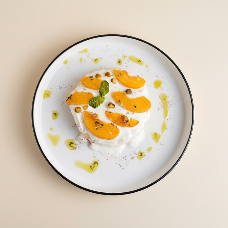 Big syrnik with peach and pistachios