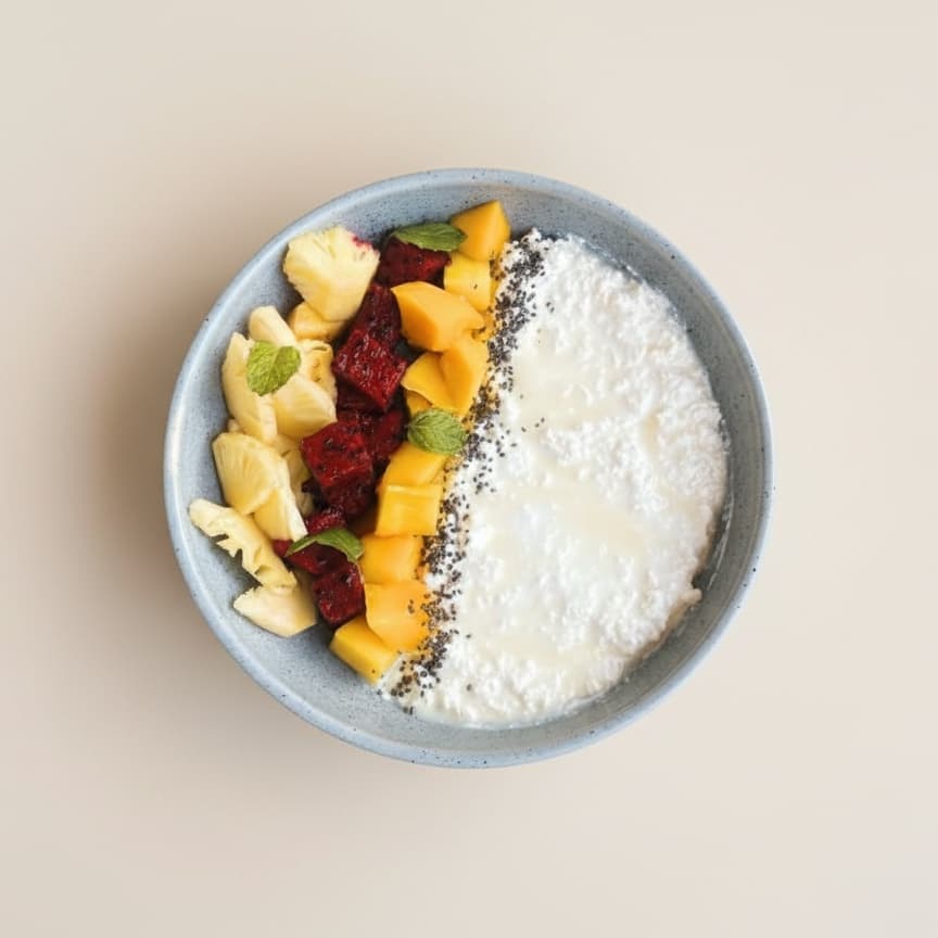 Cottage cheese bowl with fruits — Cottage cheese, homemade yogurt, mango, dragon fruit, pineapple, chia seeds, condensed milk