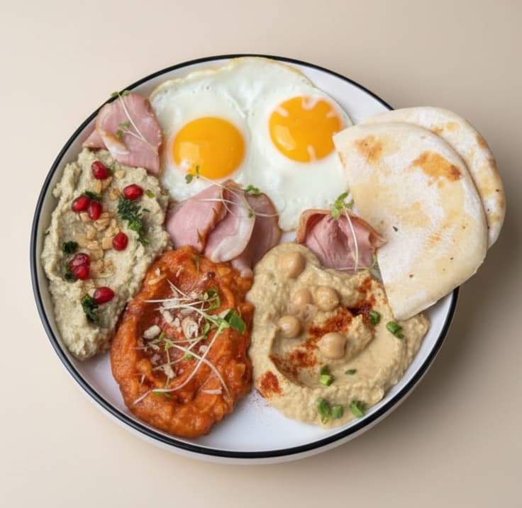 Duck & Mezze breakfast — Smoked duck, baba ghanoush, pomegranate, walnut, matbucha, hummus, parsley, pita bread, 2 egg