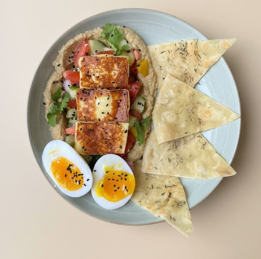 Halloumi breakfast bowl — Halloumi cheese, hummus, pita bread, tomato, cucumber, pickled red onion, egg, cumin seeds
