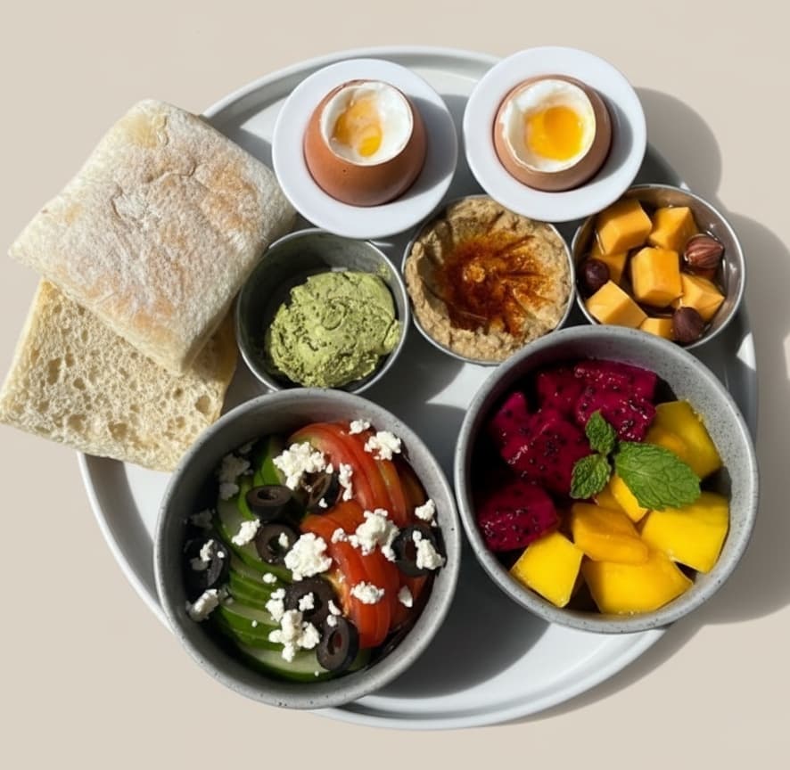 Like a turkish breakfast — Ciabatta, olive, tomato, cucumber, feta cheese, hummus, dragon fruit, papaya, pesto cream cheese, ha