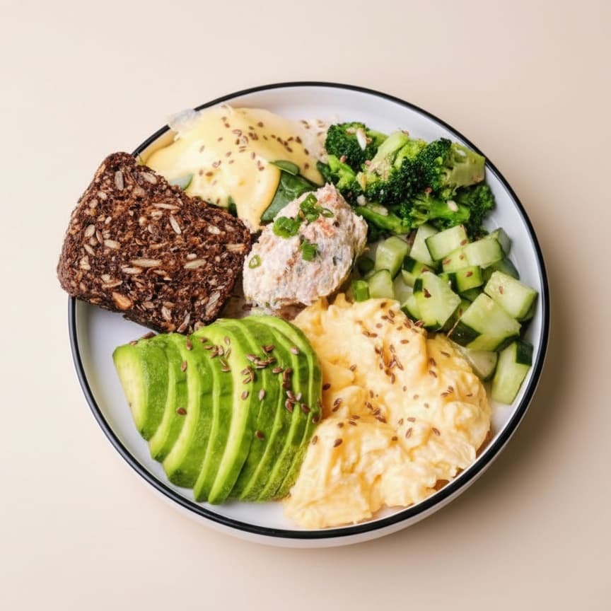 Pacific breakfast — Salmon rillette, english spinach, flax seeds, avocado, parmesan, broccoli, 2 egg, danish rye bread,