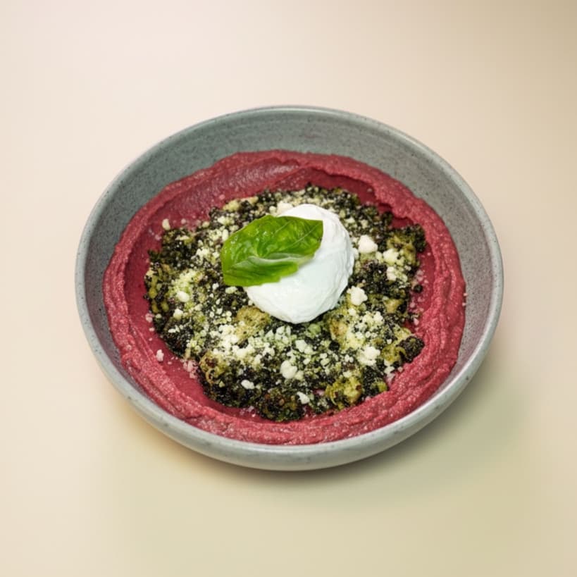 Pesto chicken on beetroot hummus — Quinoa, egg, beetroot hummus, pesto sauce, chicken fillet, sourdough bread