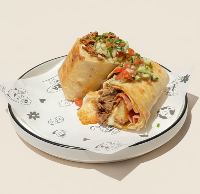 Pulled beef/bacon burrito — Tortilla, pulled beef, hashbrown, 2 egg, bacon, salsa, mozzarella, cheddar, spring onion, chipotle r