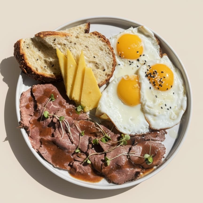 Roast beef rose wine sauce — Roast beef sirloin, rose wine sauce, 3 egg, parmesan or cheddar, sourdough bread, microgreens