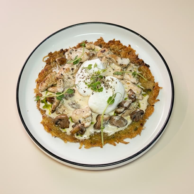 Rosti with creamy truffle chicken — Potato hashbrown, chicken, creamy truffle sauce, mushrooms, 2 egg, dried oregano