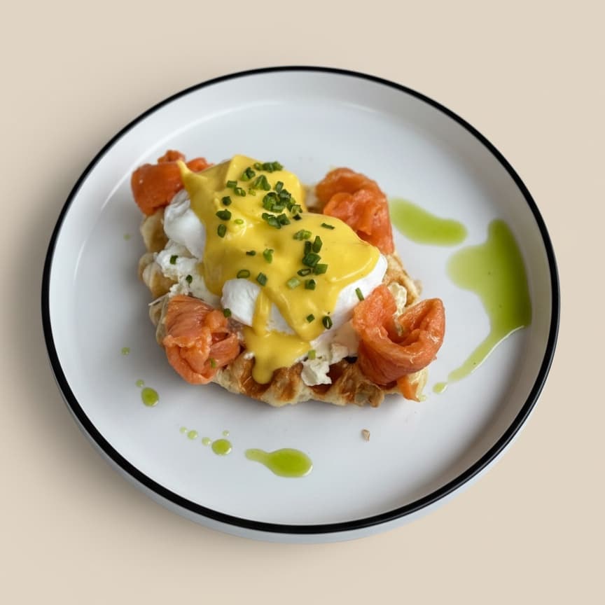 Salmon croffle — Croissant waffle, cream cheese, 2 egg, salmon, homemade hollandaise sauce, spring onion