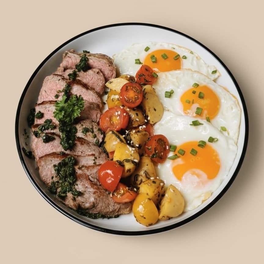 Steak breakfast — 150 gr sirloin steak, chimichurri sauce, 3 egg, baked baby potato, cherry tomato, mix herb dressing