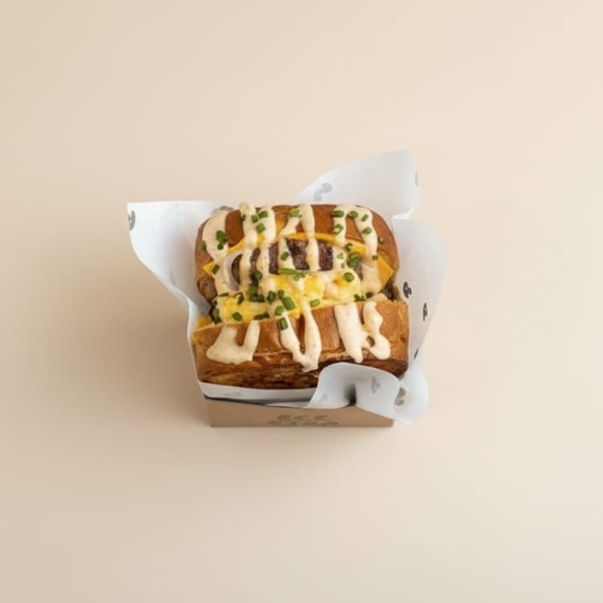 Wagyu/Cheddar egg drop sandwich — Brioche, wagyu patty, cheddar cheese, 3 egg scramble, butter, salt, black pepper, chipotle ranch sau