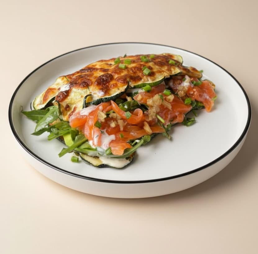 Zucchini/salmon gratin — Zucchini, mozzarella, arugula, salmon, cream cheese, avocado, pesto, walnut