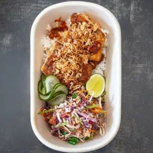 Vietnamese Barramundi Bowl — 140g grilled barramundi, roasted chilli jam, crispy shallot, shredded Asian veg, nuoc cham dressing,