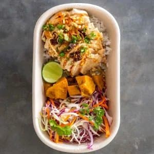 Coconut and Peanut Poached Chicken — Coconut poached chicken breast, roasted pumpkin, shaved cabbage, pickled carrot, bean sprouts, coria