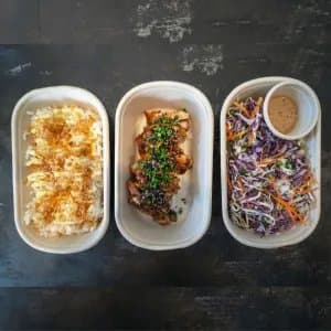 Chicken Teriyaki Set — 300g teriyaki chicken thigh, toasted sesame, chives. Choice of white or brown rice, kewpie mayo, cri