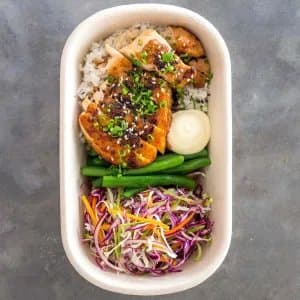 Chicken Teriyaki — Teriyaki chicken thigh, green beans, shredded fresh veg, spring onion, crispy garlic + shallots, kew