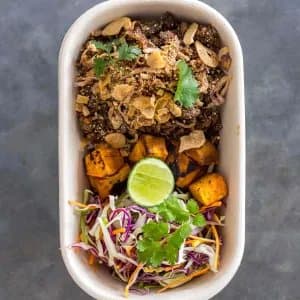 5 Spiced Beef — Five spiced crispy beef mince, roasted sweet potato, shredded fresh veg, sweet + sour chilli jam, cr