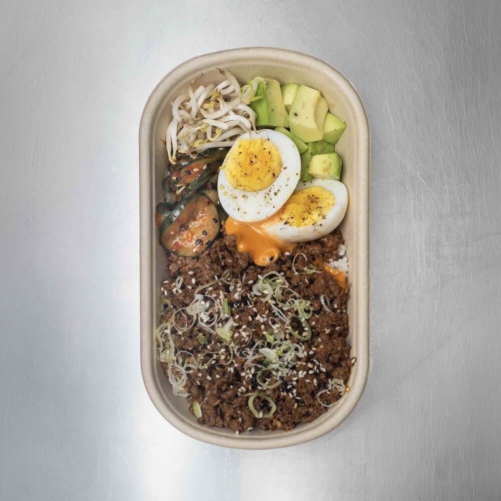 Korean Protein Beef — 150g gochujang lean beef mince with avocado, cucumber kimchi, bean sprouts, boiled egg, spring onion