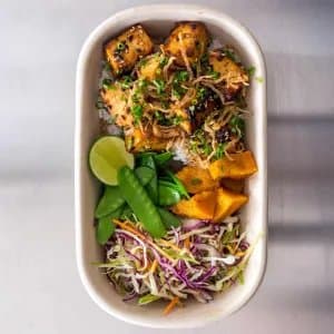 Garlic and Soy Tofu — Marinated tofu, roasted pumpkin, snow peas, shredded fresh veg, spring onion, coriander, ponzu dress