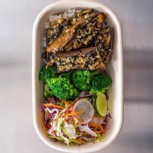 Miso Garlic Glazed Eggplant — Miso glazed eggplant, broccoli, shredded fresh veg, wakame, edamame, cucumber, spring onion, coriand