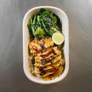 Golden Chicken Curry — Poached chicken, thai style golden curry sauce, spring onion, steamed asian greens, soy dressing, to