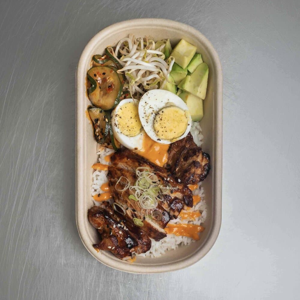 Korean Protein Chicken — Gochujang chicken thigh with avocado, cucumber kimchi, bean sprouts, boiled egg, spring onion and go