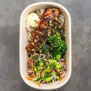 Roasted Miso Salmon — Pan roasted miso salmon, broccoli, edamame, shredded fresh veg, spring onion, ponzu dressing, wasabi