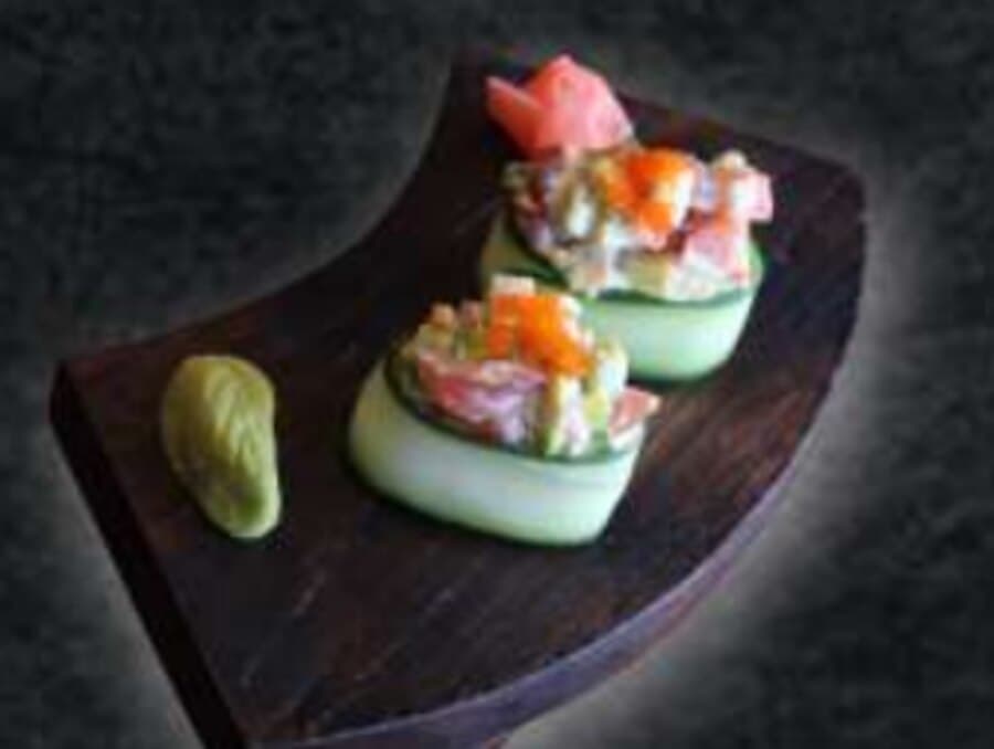 Bali Gunkan — Rice, cucumber, avocado, tuna, crab stick, mayonnaise, tobikko