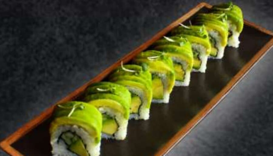California Vegan Roll — Rice, nori, sesame seeds, avocado, cucumber, avocado on top