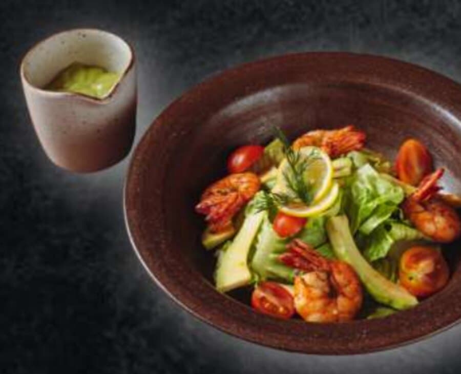 Ebi Avocado Salad — Baby romaine, prawn, avocado, cherry tomato, cucumber, pesto sauce, lemon slice