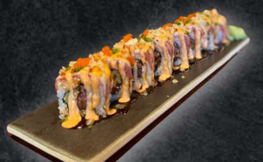 Spicy Tuna Mayo Roll — Rice, nori, cucumber, spicy tuna, teriyaki sauce, spicy mayo, crunchy, spring onion, tobikko