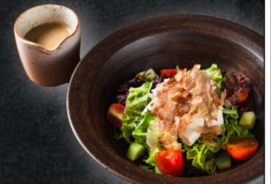 Tofu Salad — Japanese tofu, mix lettuce, cucumber, cherry tomato, katsubushi, sesame dressing