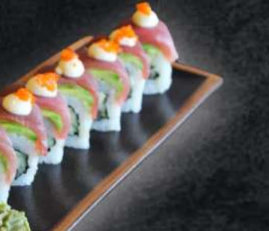 Tuna Asahi Roll — Rice, nori, tuna, avocado, cucumber, double topping tuna and avocado, mayonnaise, tobikko