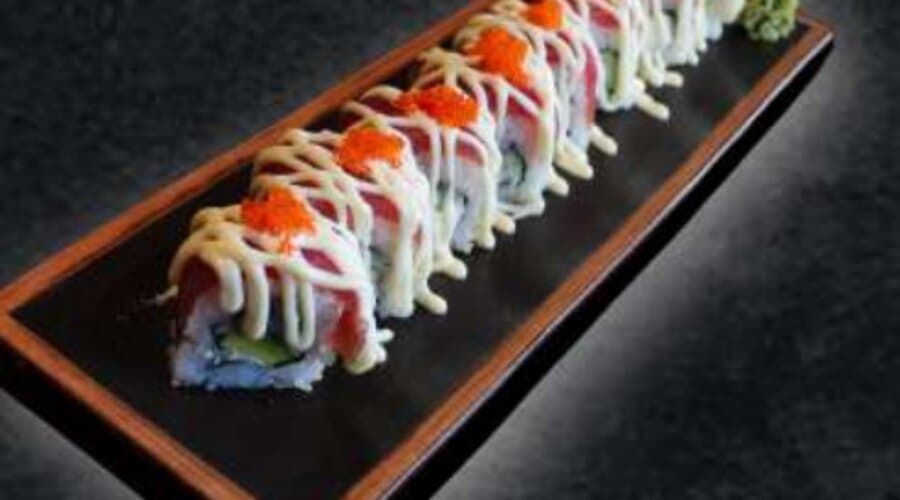 Tuna Mayo Roll — Rice, nori, avocado, cucumber, tuna topping, mayonnaise, tobikko