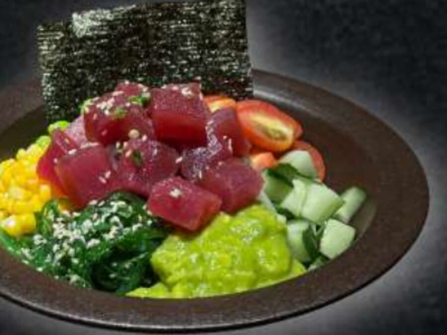 Tuna Pokebowl — Sushi rice, tuna, cuka wakame, sweet corn, edamame, cherry tomato, cucumber, mashed avocado, sesame