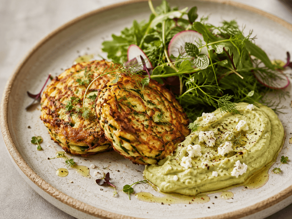 ZUCCHINI FRITTERS WITH AVOCADO FETACREAM
